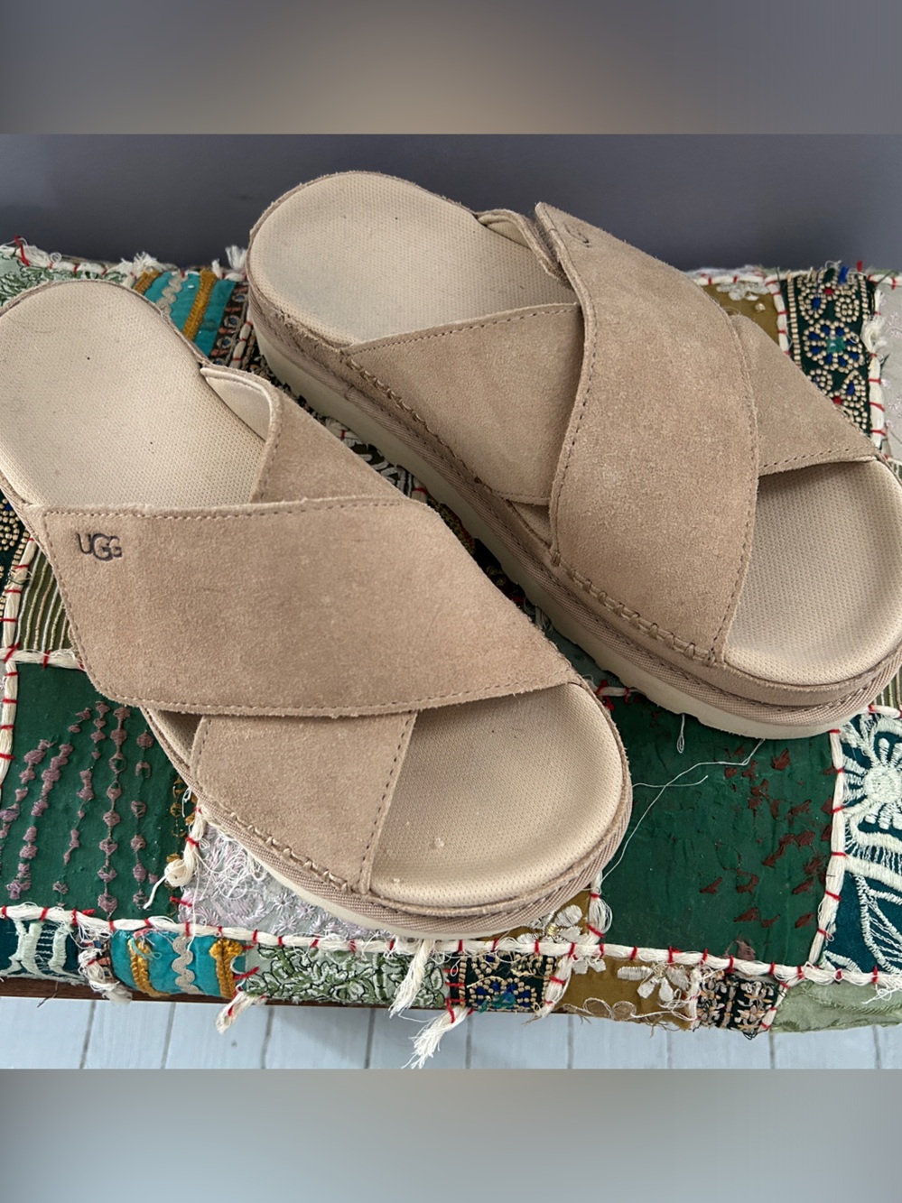 WIDE UGG Taupe Suede Crisscross Slide Sandals